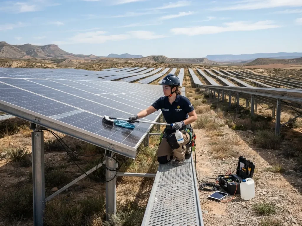 mujer haciendo mantenimiento de placas solares